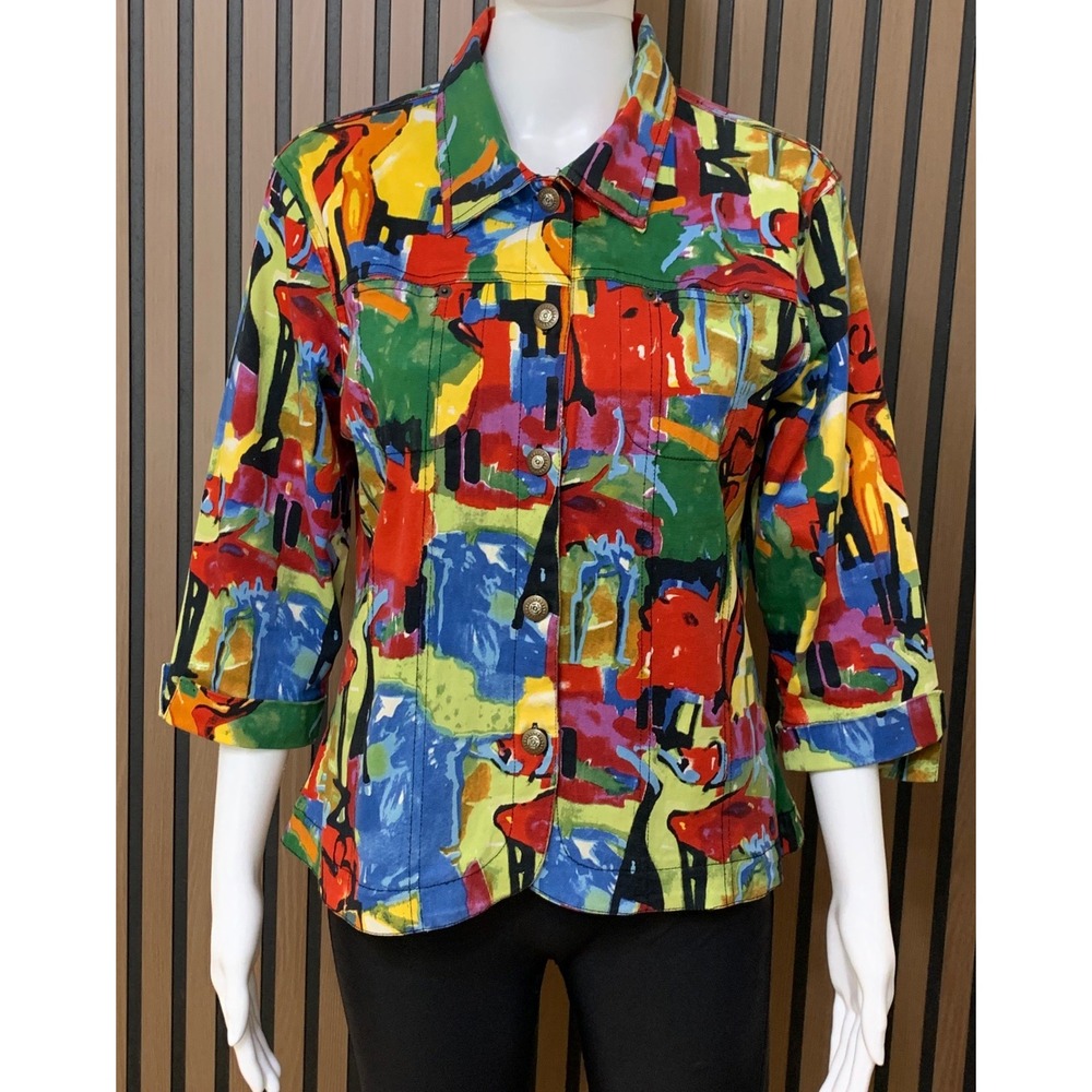 Kaktus Women's Abstract Art Print Jacket Multi-Color Button Front Size L